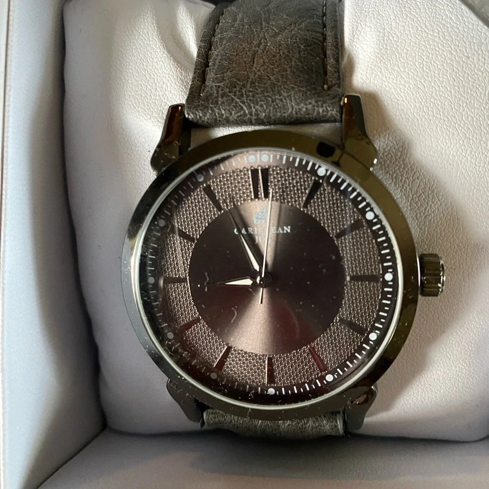 Caribbean Joe Men’s Watch Gunmetal Gray Etched Dial Black Vegan Leather NIB